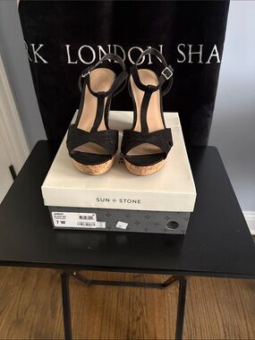 Sun + Stone Black Cork Platform Wedge Sandals with T-Strap